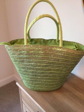 Cappelli Straworld Lime Green w/Sequins Woven Tote Bag Purse Beach Shopping